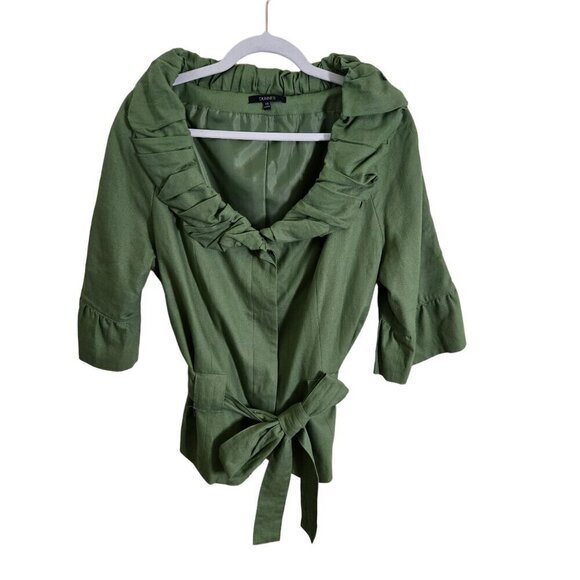 Dunner Vintage Linen Blend Green Ruffled Tie Top Size 16 - Picture 1 of 9